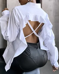 가을 긴 소매 여자 블라우스 슬림 섹시한 Backless 레이스 업 세련된 여성 블라우스 & 셔츠