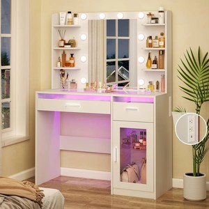 Ensemble <span class=keywords><strong>de</strong></span> coiffeuse moderne en bois blanc avec miroir LED coloré et éclairage, meubles <span class=keywords><strong>de</strong></span> chambre à coucher, coiffeuse antique - Product Image 2