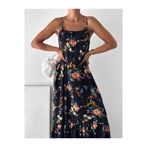 Women's Black Floral Strappy Viscose Maxi Dress With Side Pockets Casual <b>Long</b> Dress - Product Image 3
