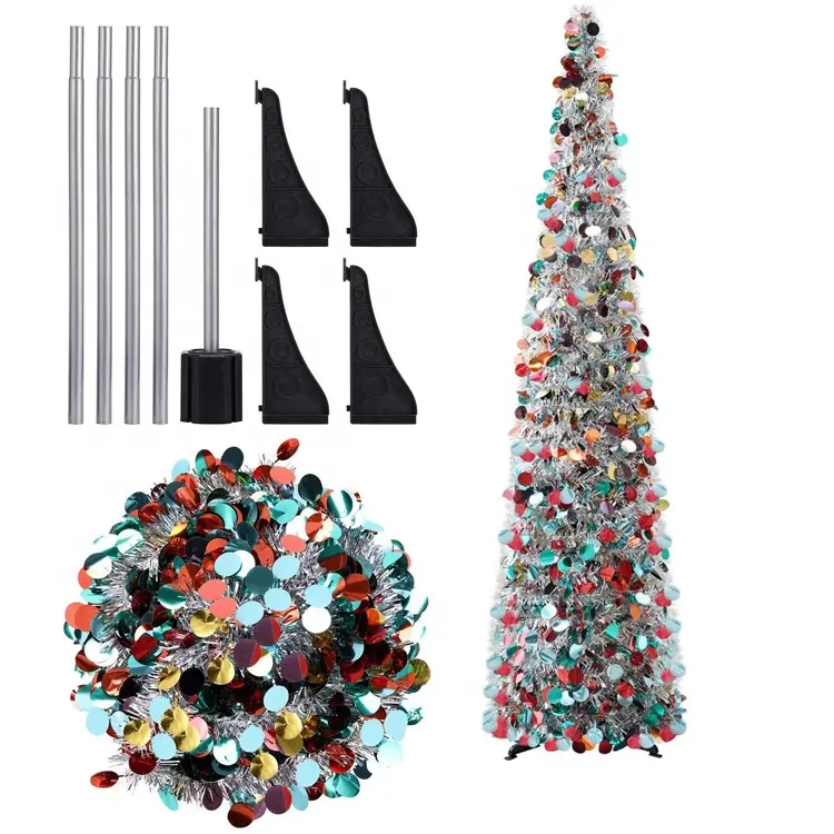 5ft Pop Up Collapsible Artificial Silver Multicoloured Tinsel Christmas Tree for Holiday Carnival Party Decorations