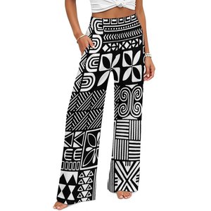 <span class=keywords><strong>Pantaloni</strong></span> <span class=keywords><strong>Palazzo</strong></span> <span class=keywords><strong>a</strong></span> Vita Alta con Stampa Tribale Polinesiana Personalizzata, Gamba Larga, Verde e Bianco, con Elastico in Vita e Tasche per Donna - Product Image 3
