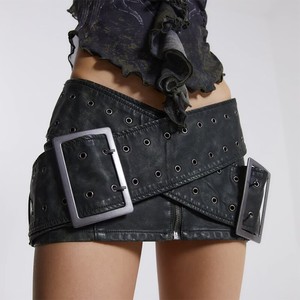 Mini-jupes en jean pour femme, nouvelle mode, sexy, taille basse, avec double ceinture large ajustable, fermeture éclair avant, noires, style T Girl, style doux - Product Image 3