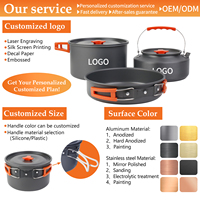 Kit de cuisine de camping pliable, portable, en alliage d'aluminium, pour l'extérieur, avec casseroles, poêles, bouilloire, tasses, assiettes, couverts et sac en filet antiadhésif
