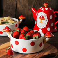 Service de table en céramique motif champignon mignon avec pois rouges et blancs et poignée champignon 3D pour les repas quotidiens et le thé de l'après-midi des enfants