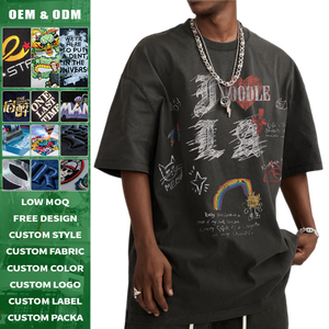 Camiseta de Lino y Algodón de 260g, Lavado Pesado, Estilo Vintage, con Graffiti de Corazón Arcoíris y Gato Dibujado a Mano, Hombros Caídos, Holgada, Unisex, Manga Corta - Product Image 1