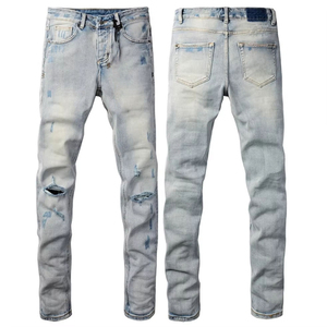 Pantalones Vaqueros de Mezclilla Elásticos Holgados con Parches, Estilo Hip Hop Urbano, de Alta Calidad, para Hombre, con Efecto Desgastado Vintage - Product Image 1