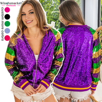 Vêtements Mardi Gras RTS, veste bomber à paillettes, rayures violettes, fermeture éclair côtelée, manteaux scintillants pour femmes, vestes à paillettes pour femmes