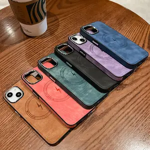 Classic Leather Phone Back Cover Funda Para PU Wireless Charger Case For Apple Iphone 15 14 13 12 Magnetic Case Phone Protector