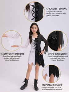 ชุดคอสเพลย์นางฟ้าสีดำและสีขาวสไตล์โกธิคสำหรับเด็กผู้หญิง - ชุดฮาโลวีนผ้าโพลีเอสเตอร์พร้อมแขนเสื้อโปร่ง - Product Image 3