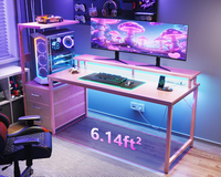 Escritorio Gamer Rosa con Puertos de Carga USB y Luz LED, Escritorio de Computadora Reversible Moderno con Cajones de Tela
