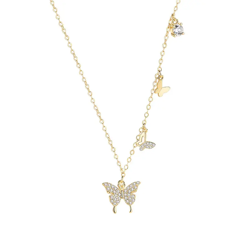 Fine jewelry dainty sterling silver 925 chain zircon diamond butterfly pendant necklace women collar choker