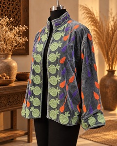 Grey <b>Velvet</b> Suzani Embroidered <b>Jacket</b> for <b>Women</b> Luxury Floral Threadwork Ethnic Winter Outerwear Designer Party Fashion <b>Jacket</b> - Product Image 3