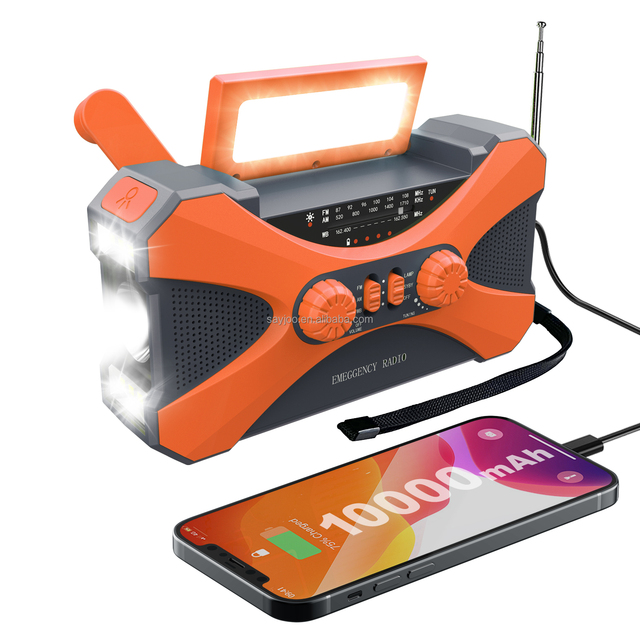10000mAh Power Bank Portable Radio Rechargeable Emergency Solar Charger Dynamo Hand Crank AM FM DAB Radio with Flashlight