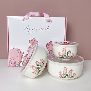 Bát cơm sứ hoa Tulip, hộp quà ba món, quà tặng doanh nghiệp, hộp đựng thức ăn - Product Image 1