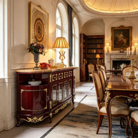 Buffet de luxe européen en bois massif avec plateau en marbre, meuble de rangement sculpté pour salle à manger, vente en gros