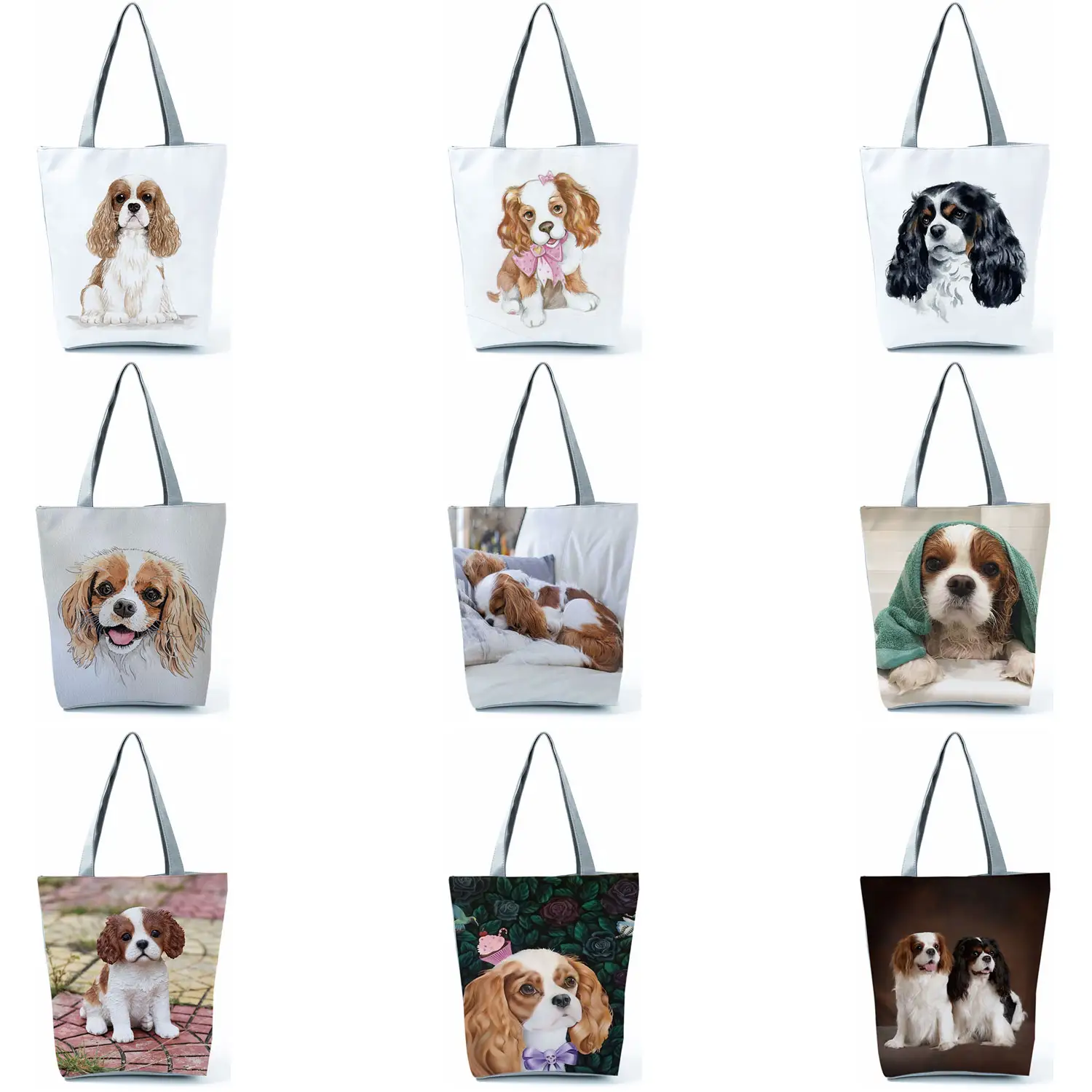 Toptan Charles Spaniel köpek baskı kadın çanta sevimli moda Tote omuz çantaları büyük kapasiteli alışveriş çantası özel desen