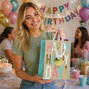 Sac cadeau réutilisable pour célébrations, coloré, joyeux anniversaire, avec poignée en ruban et étiquette dorée, sacs à friandises pour fêtes - Product Image 2