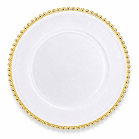 Assiettes de présentation transparentes avec bordure perlée dorée, rondes de 13 pouces, durables, pour mariages, fêtes, Thanksgiving et autres occasions.