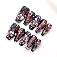Lot de 10 faux ongles à presser en acrylique, forme cercueil, avec base noire, motif 3D rose rouge et papillon en strass, réutilisables, couvrance totale, vente en gros