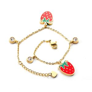 Pulsera Minimalista de Acero Inoxidable con Baño de Oro de 18K, Dije de Fresa Adorable, Colgante de Fruta Esmaltado y Cadena de Circonitas - Product Image 3