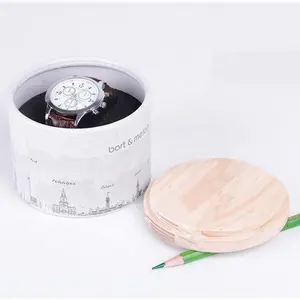 사용자 정의 debossed 로고 목재 뚜껑 실린더 종이 두꺼운 폼 삽입 시계 선물 상자