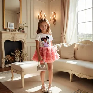 Set Pakaian Grosir untuk Balita Perempuan, Kaos Lengan Pendek Motif Kartun + Rok Tulle Berlapis Polos 2 Pcs - Product Image 1