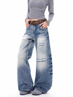 Jean baggy taille haute pour femme YUANBOFEI, coupe large, en denim délavé, style vintage, effet usé, pantalon oversize