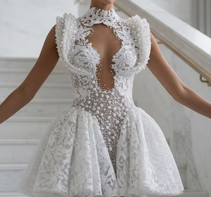 S1338Y 2026 Nuovo <span class=keywords><strong>Abito</strong></span> da <span class=keywords><strong>Sposa</strong></span> <span class=keywords><strong>Corto</strong></span> Francese di Lusso Leggero, Elegante e Sexy, con Collo Alto, Traforato in Pizzo e Perle - Product Image 5