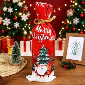 Sacs cadeaux écologiques pour bouteilles de vin <span class=keywords><strong>Joyeux</strong></span> Noël, housses imprimées Père Noël et rennes avec ruban doré, réutilisables pour fêtes de fin d'année - Product Image 4