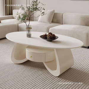 Cream Colored Oval Coffee <b>Table</b> Plastic Top With Storage For Living Room Home Use - Product Image 4