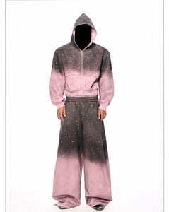 Ensemble deux pièces vintage streetwear pour homme : sweat à capuche orné de strass et pantalon de jogging délavé à l'acide - Product Image 4