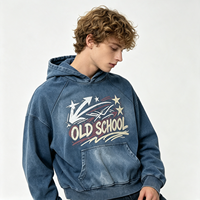 Hoodie Biru Sun Faded Vintage Wash Pria, Cetak Old School, Longgar, Musim Gugur Musim Dingin, Sweatshirt Kasual, Fashion untuk Grosir