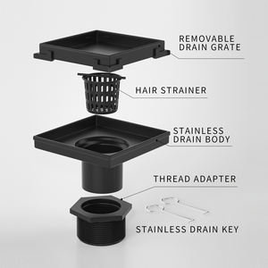 En gros, Siphon de sol de douche carré noir anti-odeur, à insérer dans les carreaux, avec grille de couverture 2 en 1 et grille filtrante brossée - Product Image 2