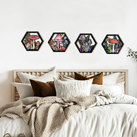 Décoration murale hexagonale style bohème en buis, motif forêt de champignons féeriques et étoiles, pour salon