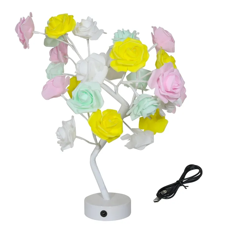 Lámpara de mesa con flores decorativas para el Día de San Valentín, decoración de boda, 24 Led, muchos colores rosas disponibles