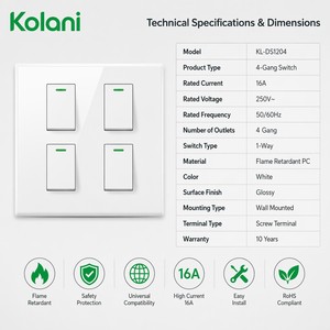 Quadratische 120 Vier-Modul-Lichtsteuerplatte, 4-fach beleuchteter Wippschalter, 16A 250V glänzend weißes PC-Panel für Wohnungen - Product Image 3