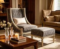 Ensemble fauteuil et ottoman gris paisley de luxe, style français, fauteuil d'appoint rembourré pour salon avec structure en or champagne