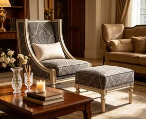 Sillón y Otomana de Lujo en Gris Paisley Francés, Sillón Tapizado para Sala de Estar con Estructura Dorada Champán - Product Image 5