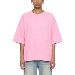 Camiseta Oversize de Algodón Rosa para Mujer, Cuello Redondo, Manga Corta, Ajuste Holgado, Color Liso, Tejido Jersey, Ecológica, Teñido Liso - Product Image 1