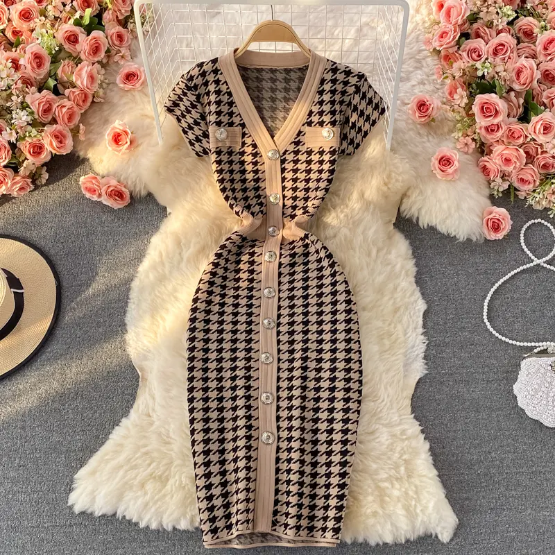 Short Sleeve V-neck Sheath Dress Summer Vintage Knitting High Waist Midi Dress Ladies Casual Dress Clothes Women Wholesale