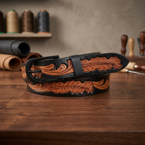 Factory Wholesale Top grain Leaf <b>Engraved</b> Stylish Western leather hand <b>tooling</b> belt for unisex with Matt Black pin buckle - Product Image 1
