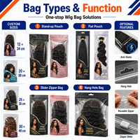 Sacs de présentation de perruques personnalisés avec logo, antistatiques, irisés, de qualité supérieure, avec fermeture éclair, pochettes d'emballage pour perruques, sacs de vente au détail pour extensions de cheveux avec trou de suspension