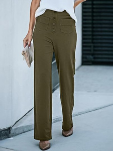 Pantalones de Mujer Estilo Europeo Americano, Cintura Alta, Bolsillos <span class=keywords><strong>con</strong></span> Solapa, Cintura Elástica <span class=keywords><strong>con</strong></span> <span class=keywords><strong>Botones</strong></span>, Diseño Casual Holgado de Pierna Ancha para Otoño - Product Image 4