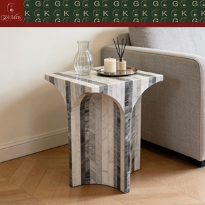 Table d'appoint de salon GOLDKING, blanc, gris, noir, marbre rayé, piétement en arche, OEM ODM, sur mesure, directement de l'usine - Product Image 4