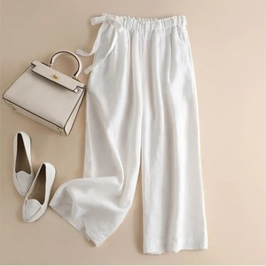 Women's Pure Cotton Wide Leg Pants High Waist Side Tie Breathable Casual Pants Summer Thin Linen Style Khaki - Product Image 5
