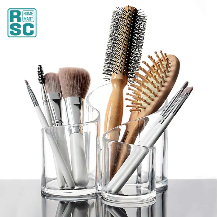 Acrylic Makeup Brush Holder、3 Compartment Organizer Desktop Clear Cosmetic Lipstick Organizer