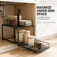 Rak Keranjang Kawat Logam Geser 2 Tingkat untuk Organizer Dapur, Kamar Mandi, Lemari, dan Meja Dapur