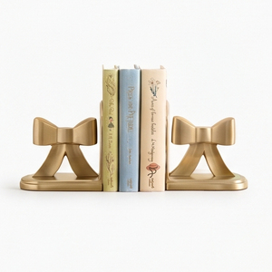 Bookend Bow Design Gold Finish Decorative Metal Book Holder Elegant <b>Shelf</b> Organizer for Home Office Library <b>Desk</b> Display Decor - Product Image 1