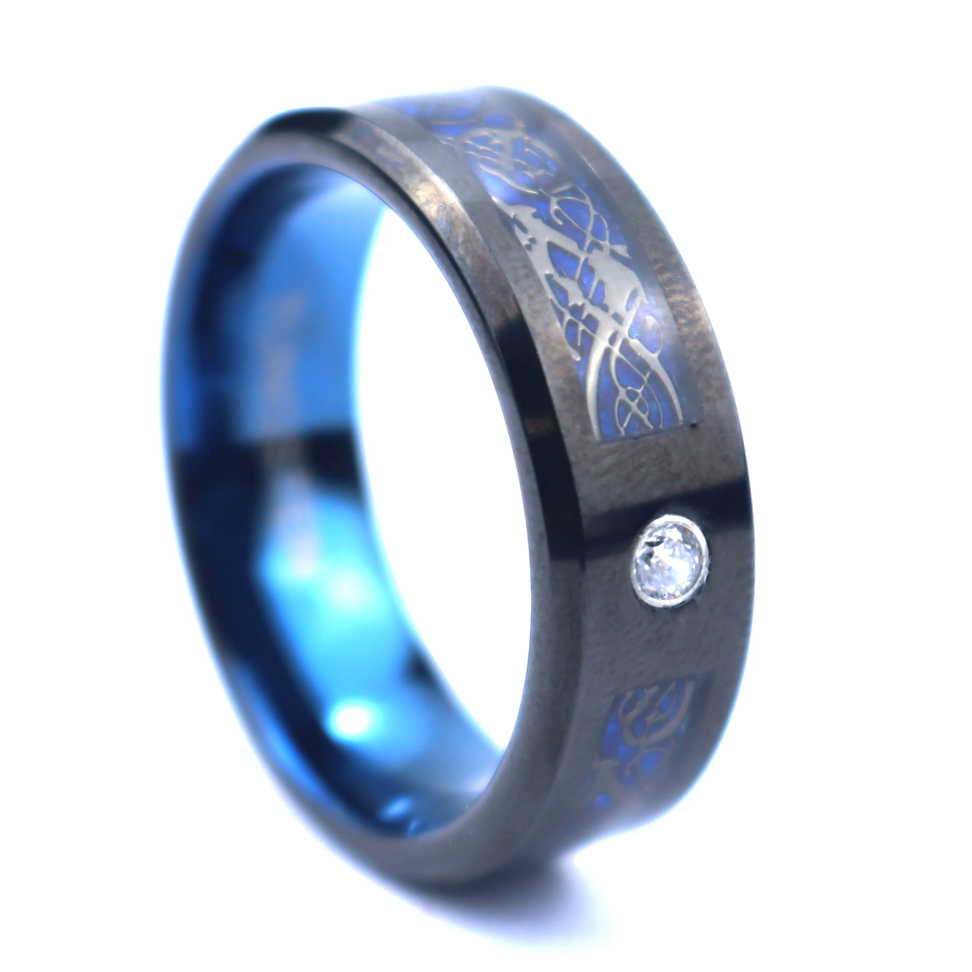 POYA Two Tones Black Celtic Dragon 8mm Mens Tungsten Ring with Blue Carbon Fibre Pattern & Cubic Zirconia Wedding Band