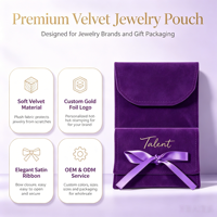 Pochette à bijoux en velours violet avec logo doré personnalisé, ruban et nœud, sac cadeau enveloppe pour mariage, collier, boucles d'oreilles, bague